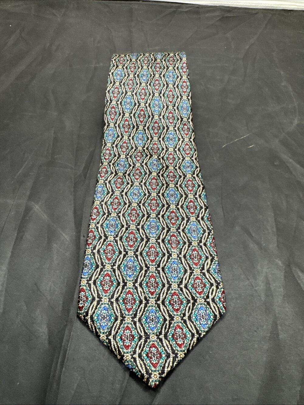 Pierre Balmain Paris Tie Mens Vintage 100% Silk Geometric Mosaic Medallion Blue